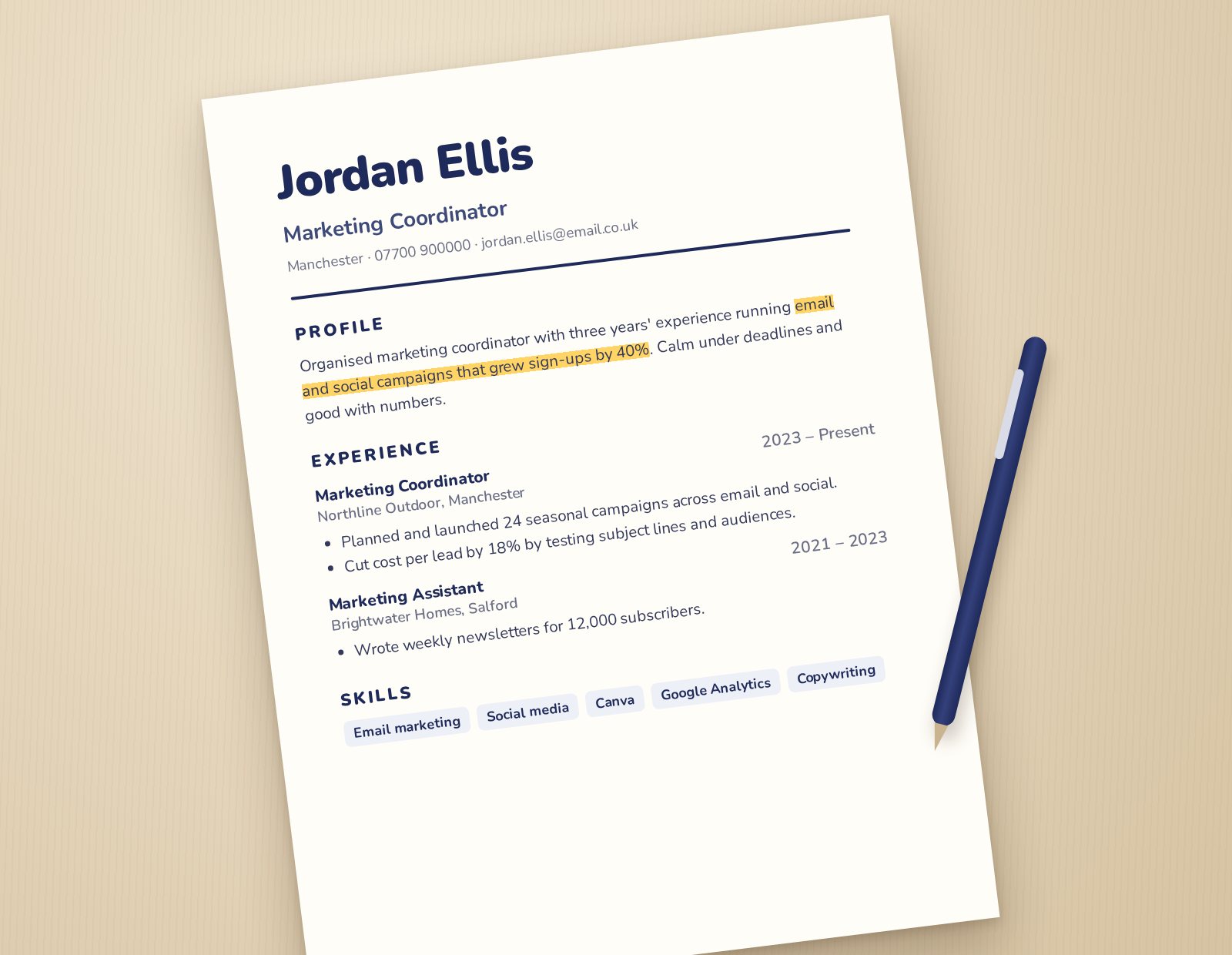 A printed CV on a desk, with one achievement highlighted